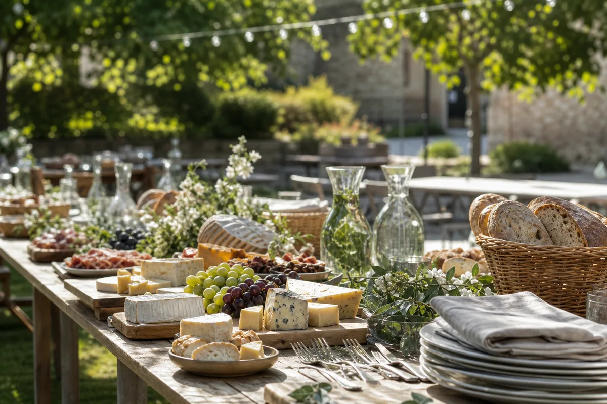 Buffet de brunch champêtre dressé sur de longues tables en bois dans un jardin