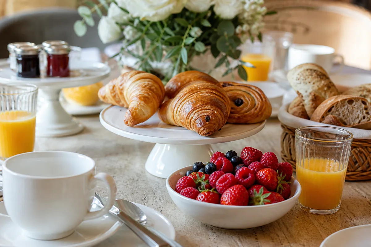 Table de brunch avec viennoiseries, fruits frais et jus pressés en lumière naturelle