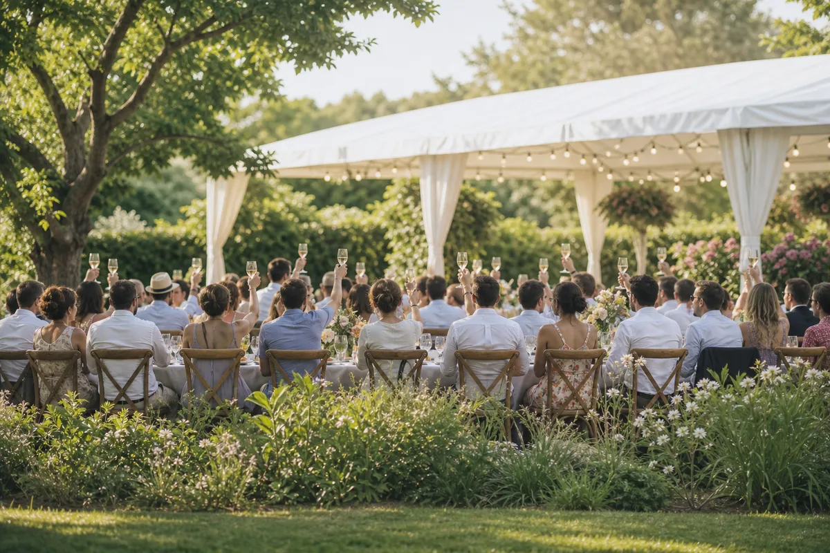Convives attablés dans un jardin de réception le lendemain d&rsquo;un mariage, ambiance détendue