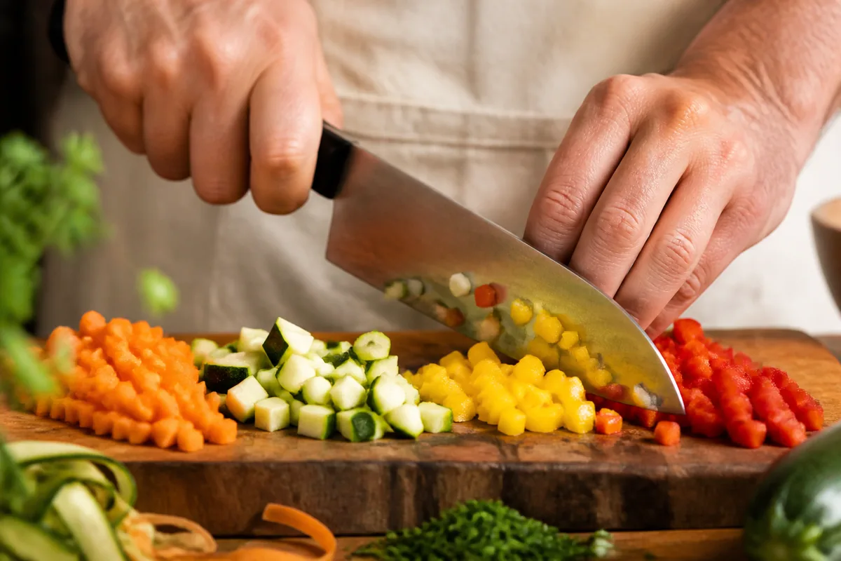 Mains d&rsquo;un participant taillant des légumes colorés sur une planche en bois lors d&rsquo;un atelier de cuisine
