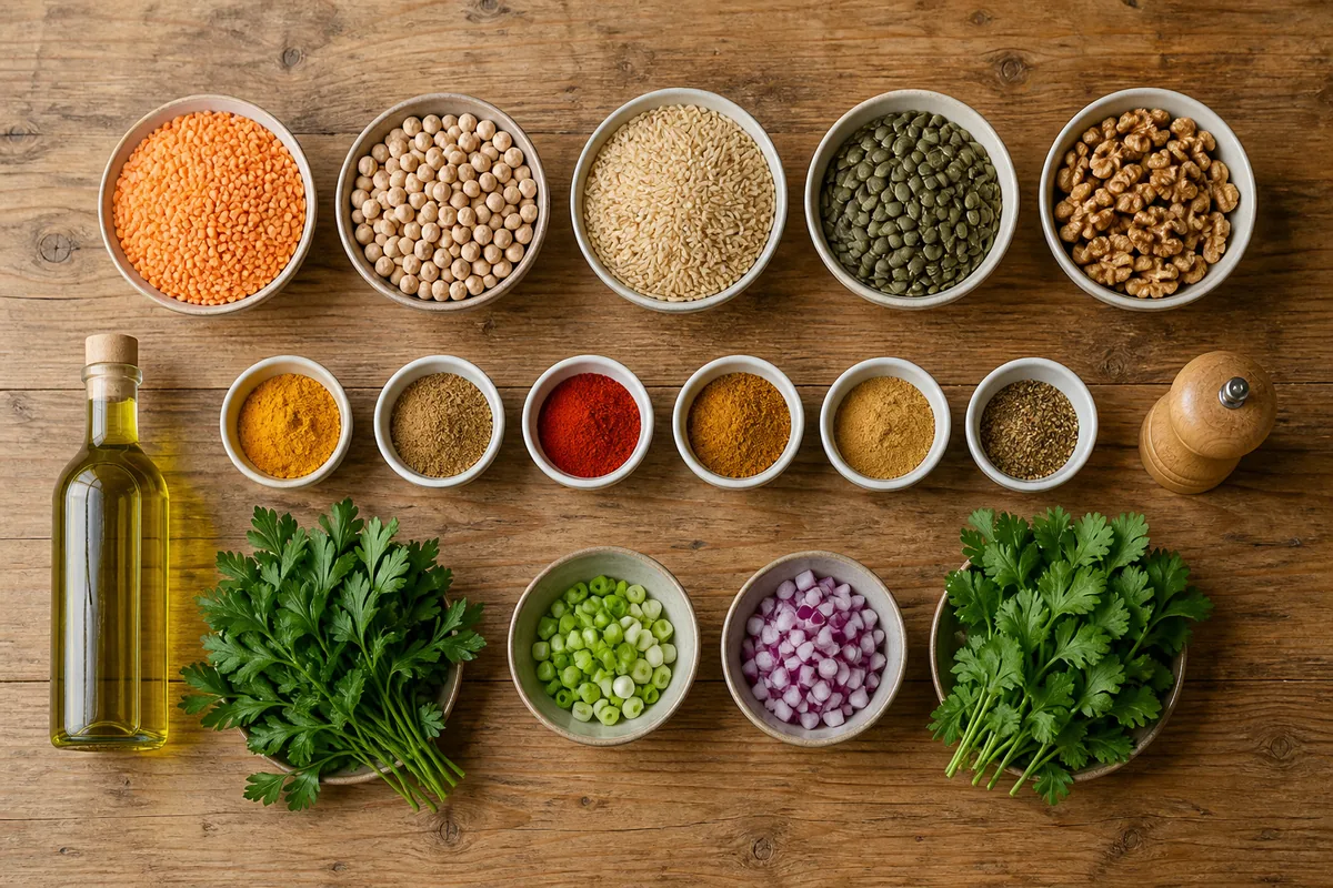 Grande table de travail en cuisine avec bols de légumineuses, herbes fraîches et épices disposés pour un atelier