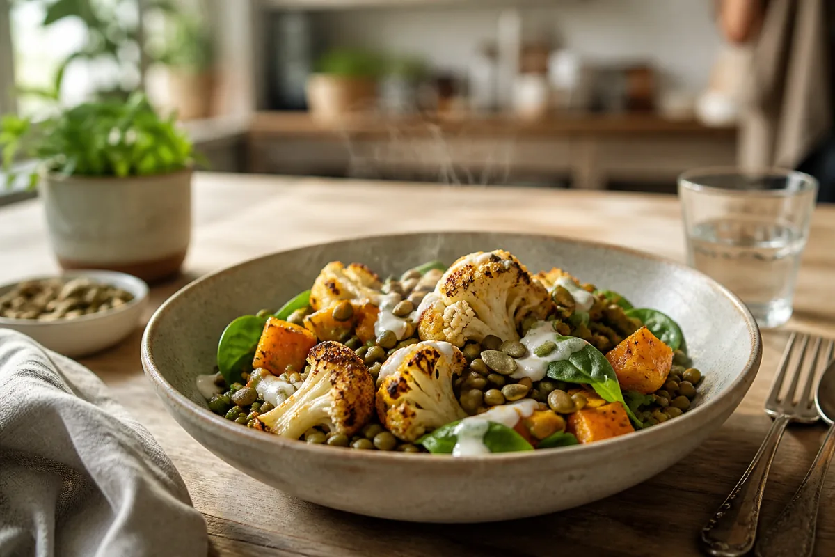 Assiette végétarienne composée de légumes rôtis, légumineuses et herbes fraîches sur une table en bois clair