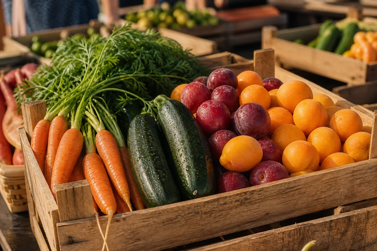 Cageot de bois débordant de légumes et fruits de saison colorés sur un étal de marché