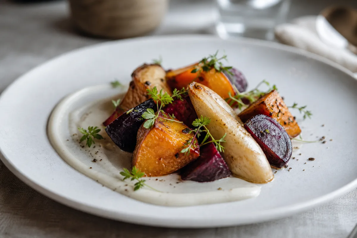 Assiette gastronomique dressée avec des légumes d&rsquo;automne rôtis et une sauce onctueuse