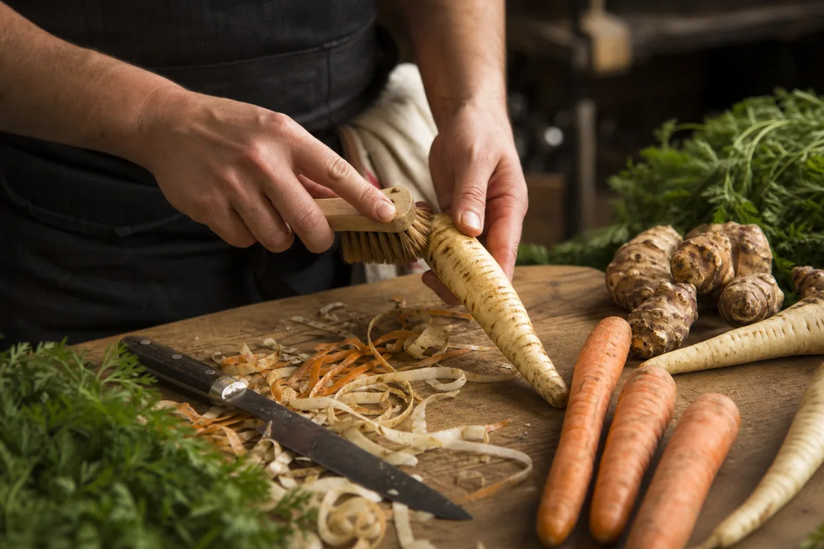 Mains d&rsquo;un cuisinier préparant des légumes racines de saison sur un plan de travail en bois