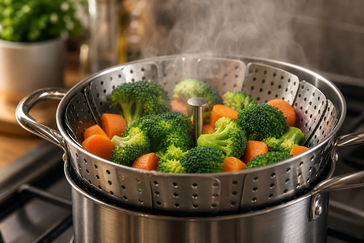 Légumes de saison cuits à la vapeur douce dans un panier en inox