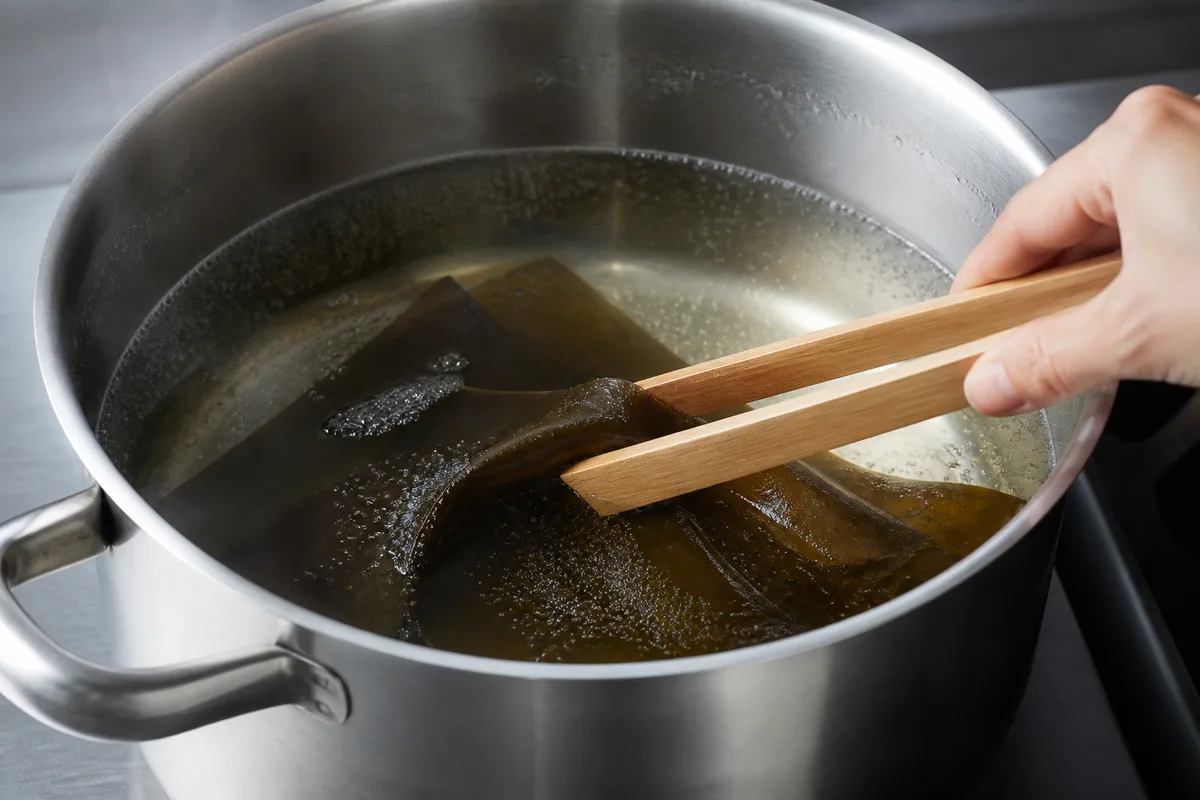 Feuille de kombu qui infuse dans une casserole d’eau frémissante