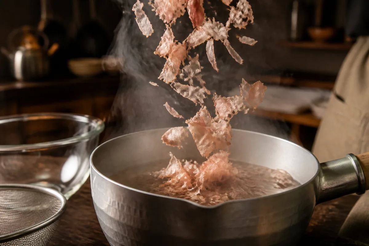 Copeaux de bonite séchée versés dans un bouillon chaud