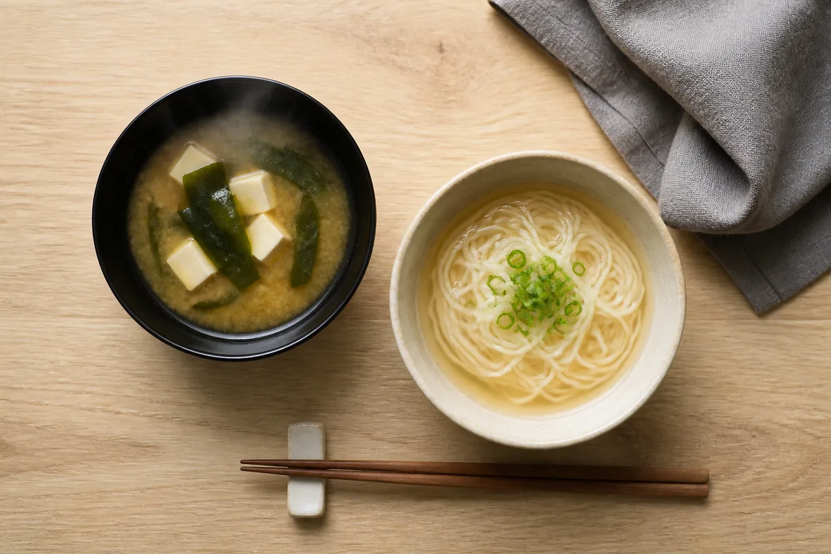 Bol de soupe miso et bol de nouilles préparés à partir de dashi