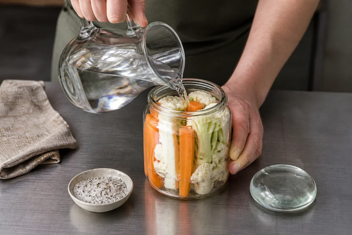 Mains versant une saumure claire dans un bocal de verre rempli de légumes rangés serré