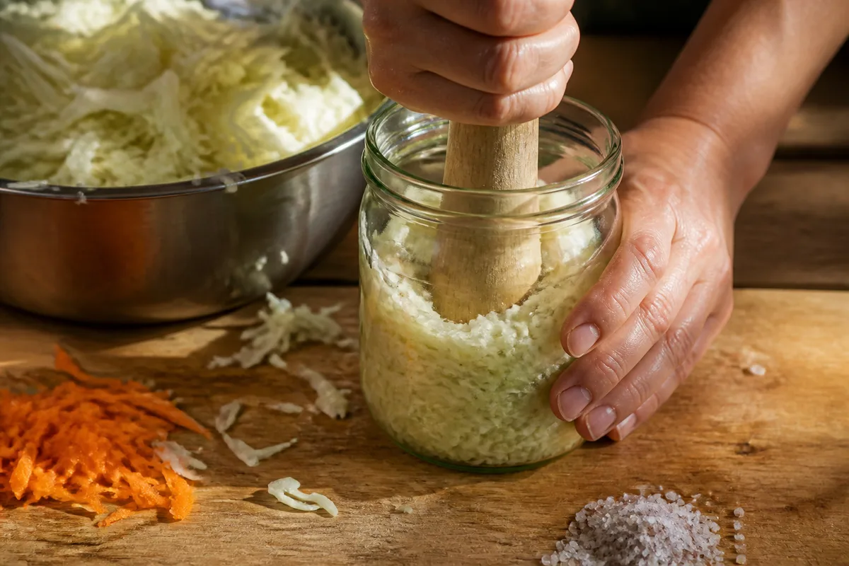 Mains tassant du chou râpé et salé dans un bocal en verre posé sur une planche