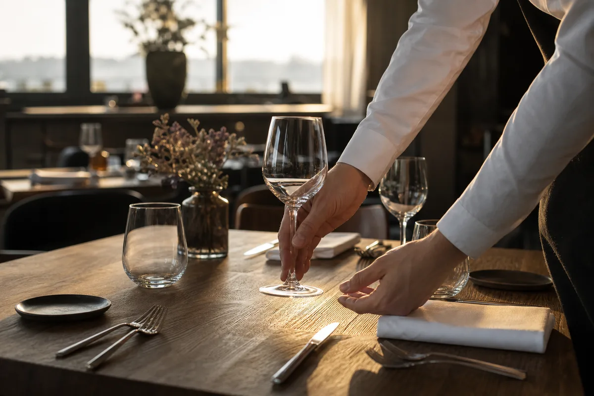 Serveur dressant une table de restaurant avant le service du soir