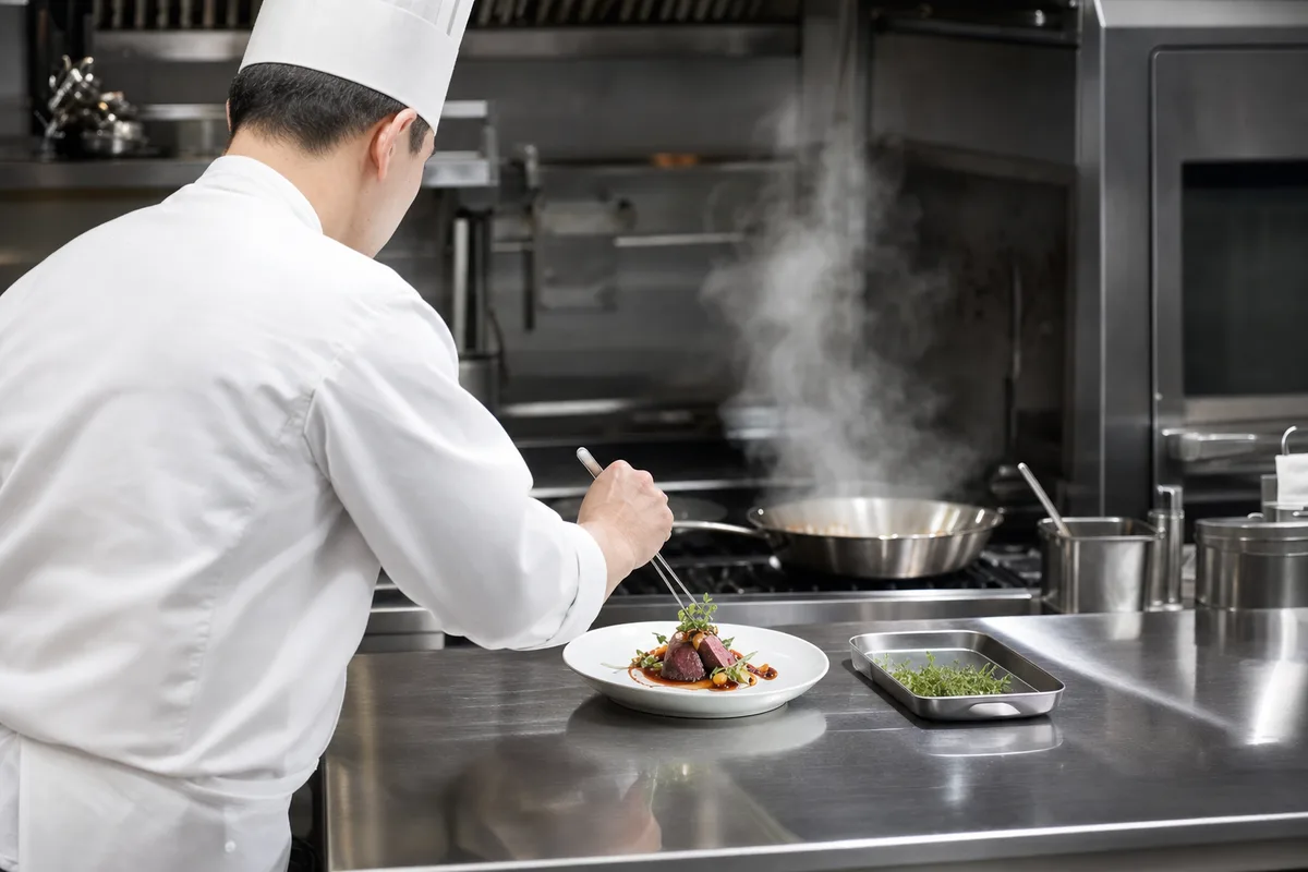 Cuisinier en toque préparant une assiette en cuisine professionnelle