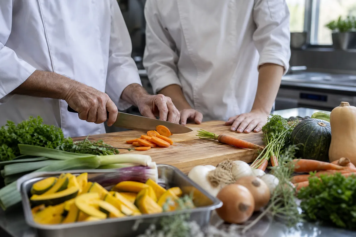Jeune apprenti cuisinier en formation aux côtés d&rsquo;un chef