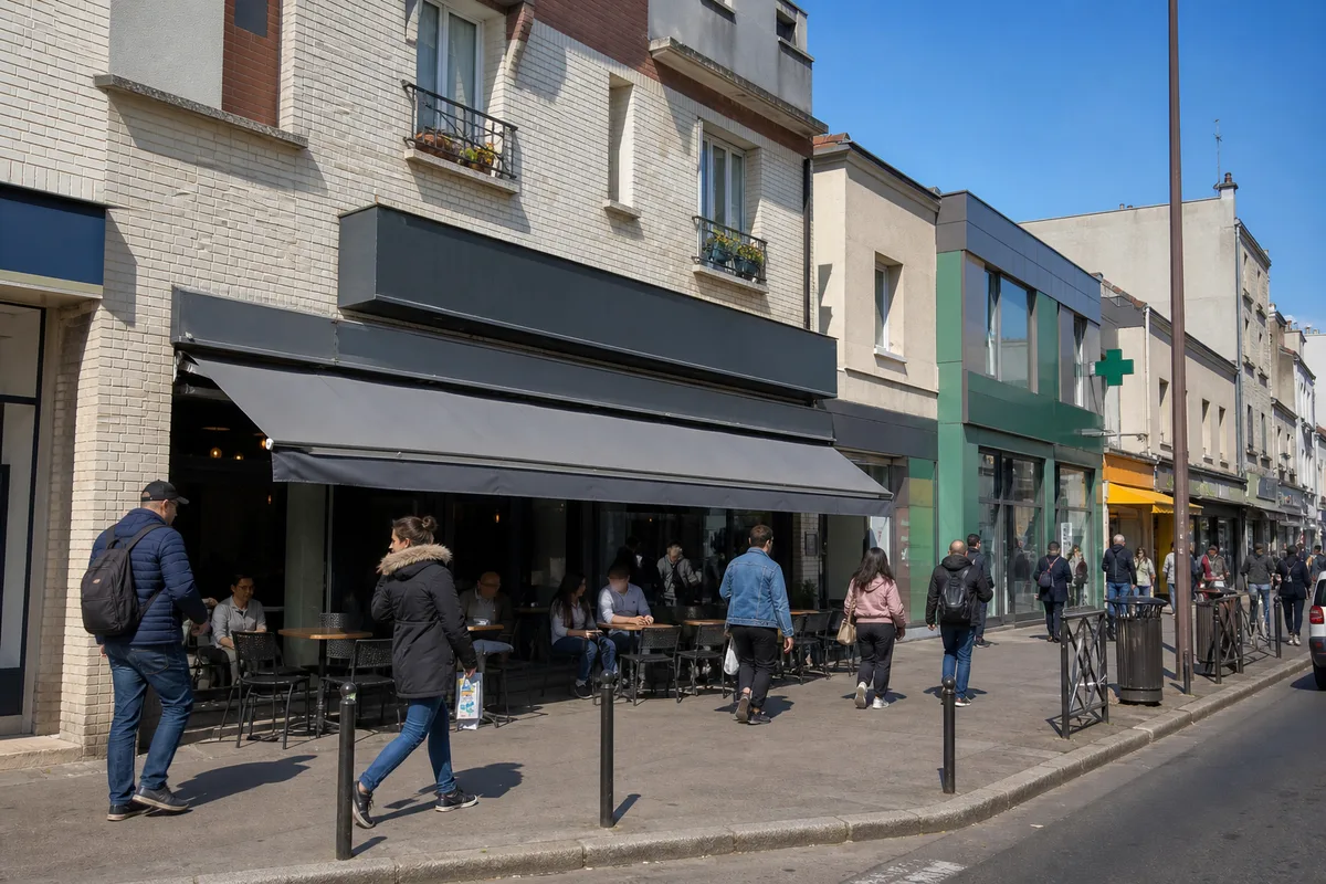 Devanture de restaurant dans une rue commerçante animée d&rsquo;une ville d&rsquo;Île-de-France