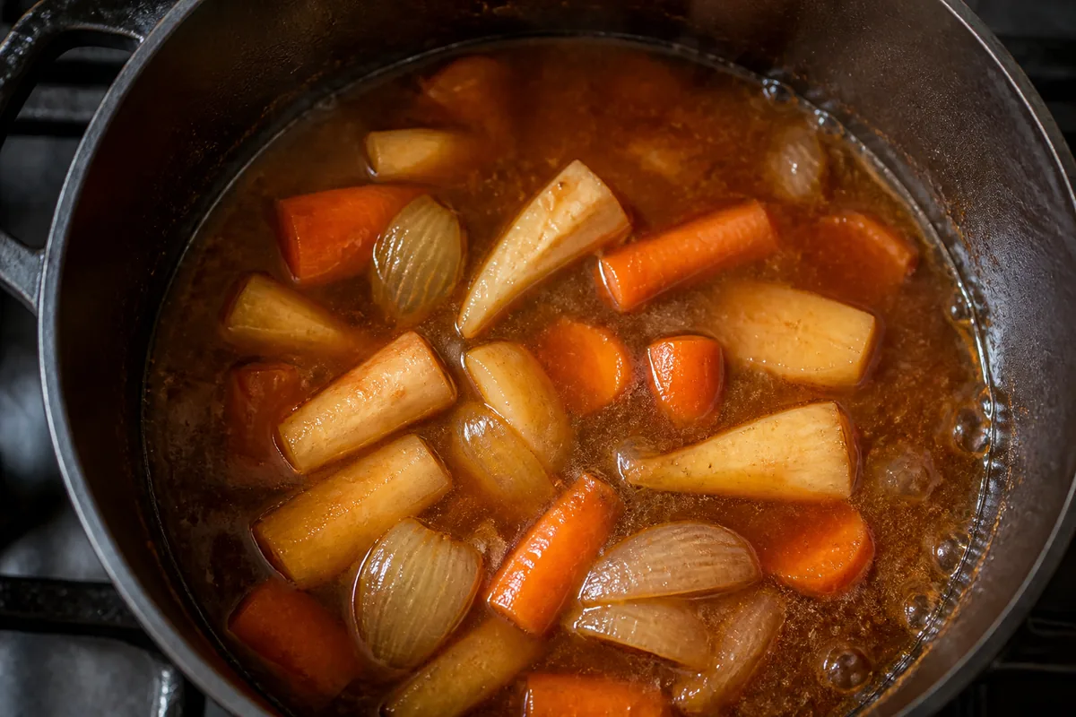 Cocotte en fonte ouverte sur un feu doux, sauce brune frémissante et morceaux de légumes racines