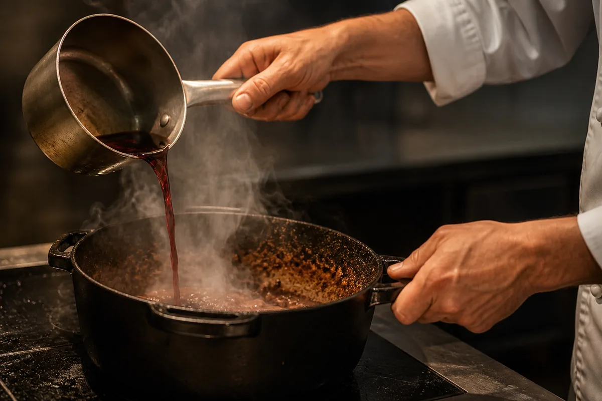 Main versant du vin rouge dans une cocotte chaude, vapeur et sucs bruns au fond du récipient