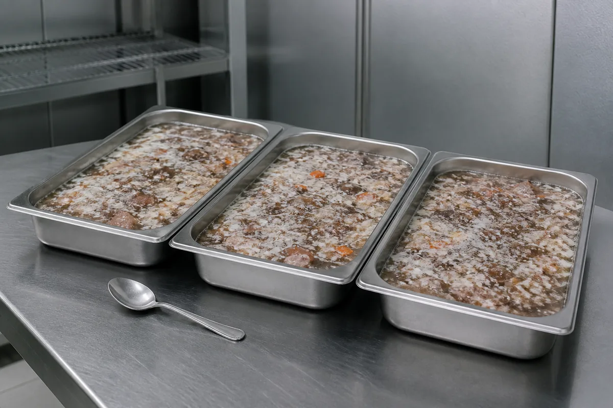 Récipients larges en inox contenant un ragoût refroidi, gélatine prise et graisse figée en surface