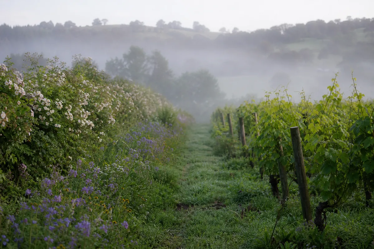 Haie fleurie en bordure d’un rang de vigne en biodynamie, tôt le matin