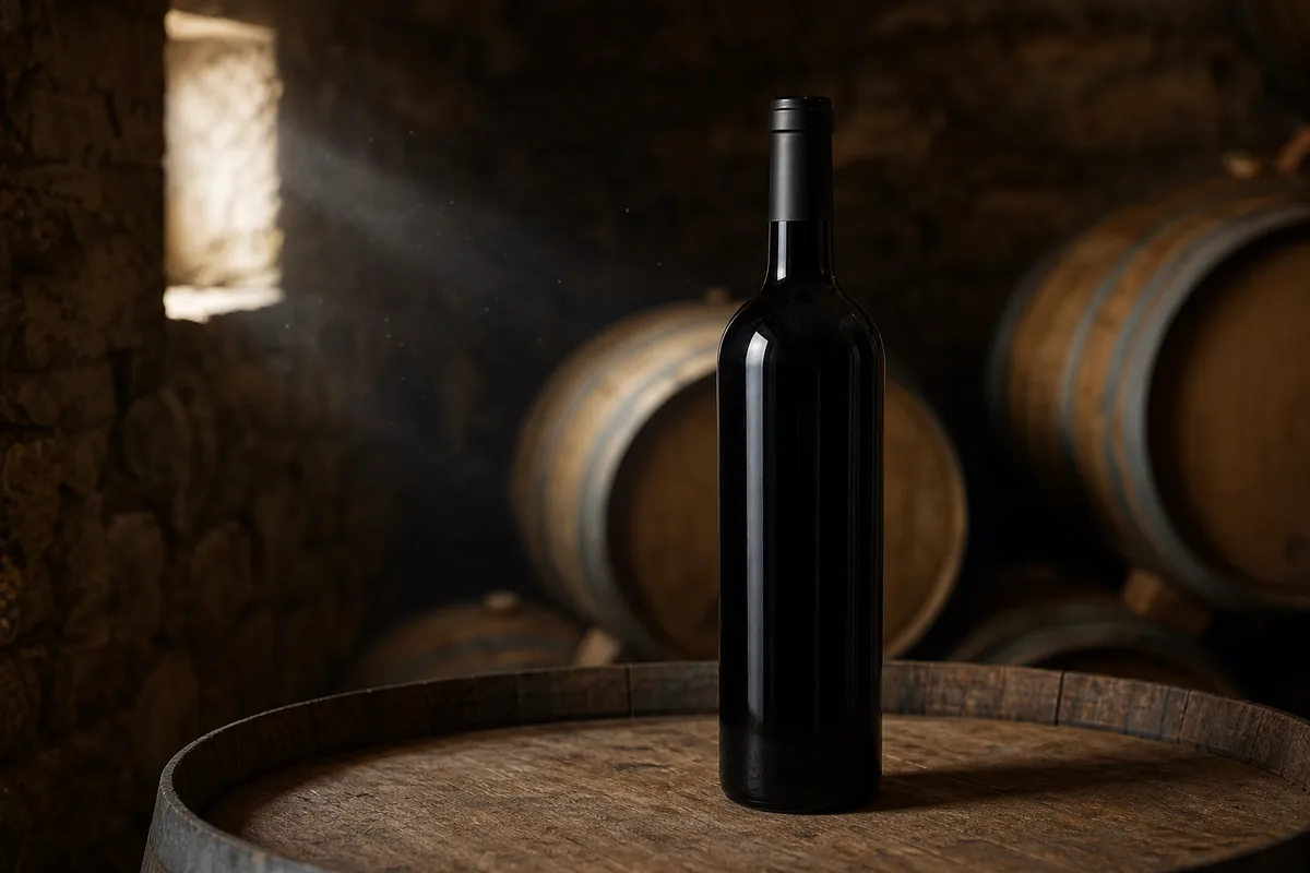 Bouteille de vin sans étiquette posée dans une cave à vin