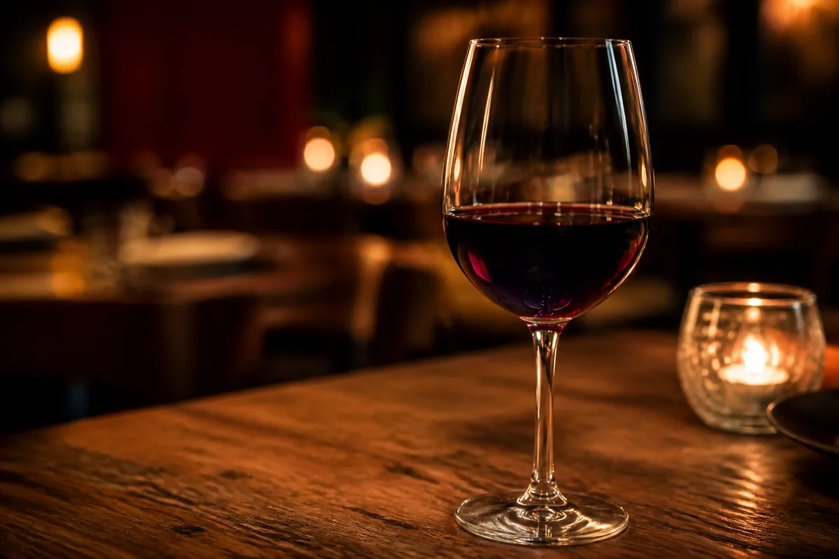 Verre de vin rouge biodynamique servi à table dans un restaurant